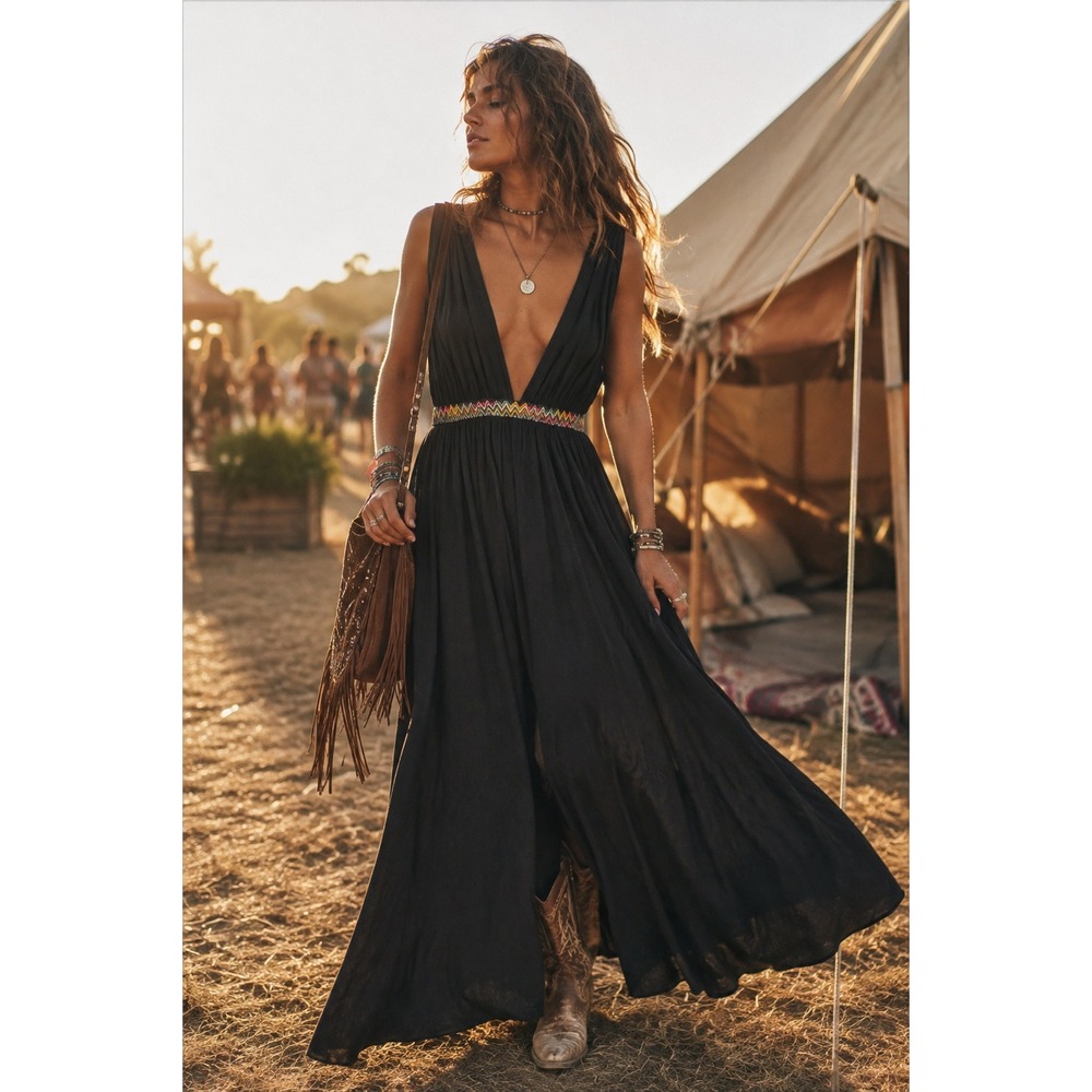 Zara Black Plunge Maxi Dress S Embroidered Zigzag Waist Boho Flowy Festival Y2K